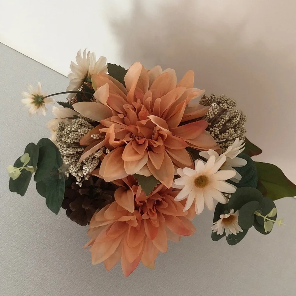 Peach & White Floral Arrangement in Brown Vase